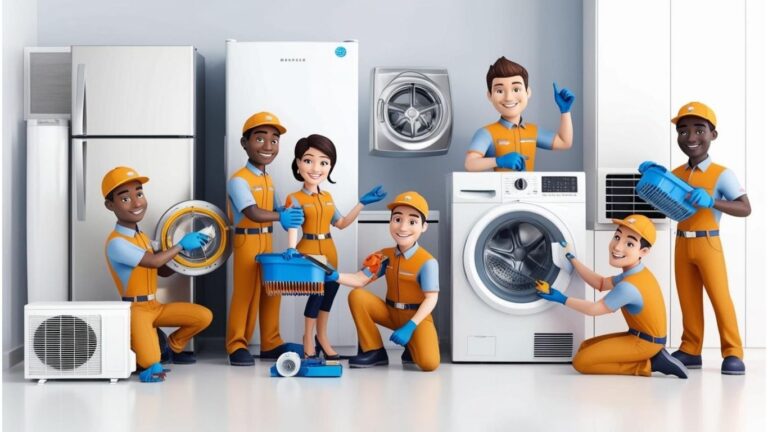 Technicians providing home appliance repair services including AC, refrigerator, and washing machine repair — expert home care service near you.