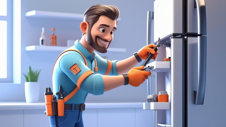 Technician repairing a refrigerator at home near me