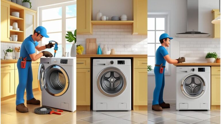 Technician repairing a washing machine at home