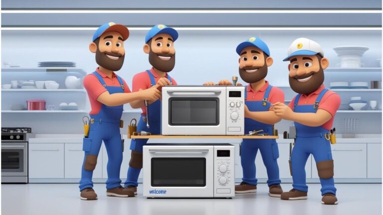 Technician fixing a microwave oven at a customer's home
